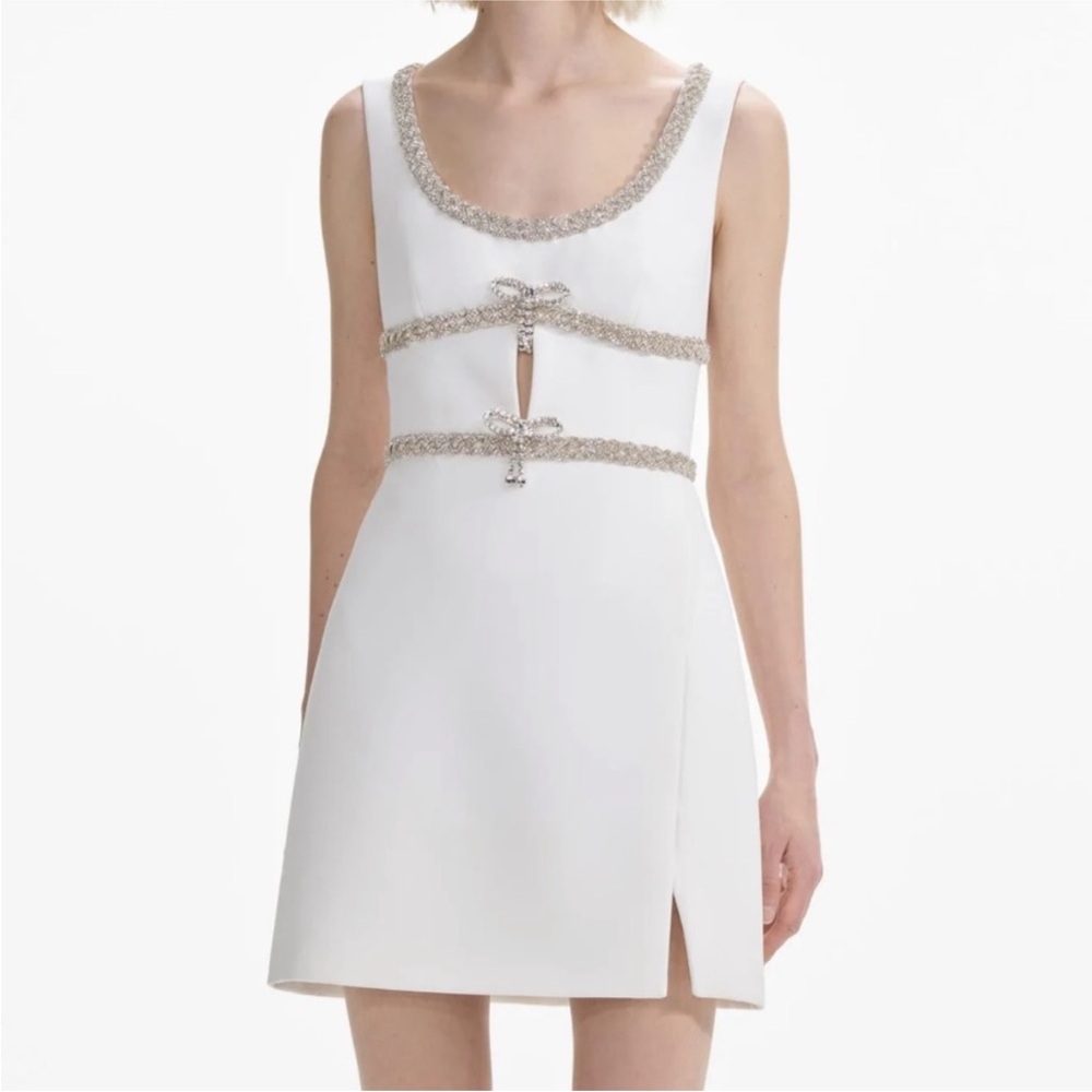 Self Portrait White Diamante Bow Trim Mini Dress rhinestone embellished Sz 0 NWT